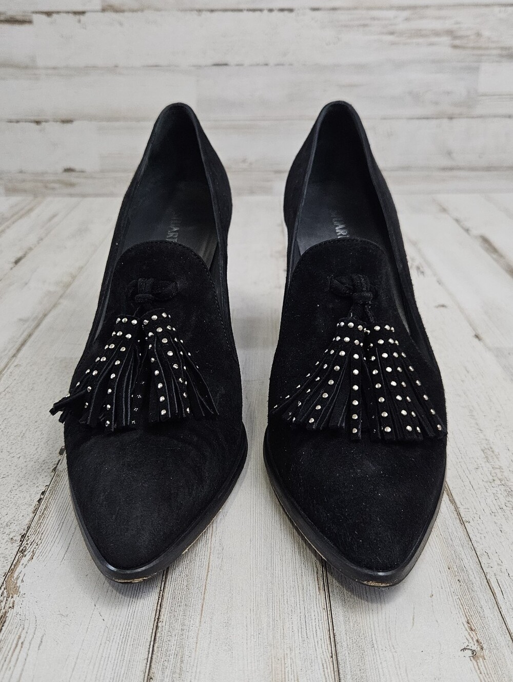 Stuart Weitzman Broom Tassel Suede Block Heels Black Size 8 Pointed Toe